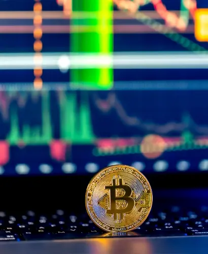 A gold-coloured bitcoin token standing on a laptop keyboard in front of a screen of price charts