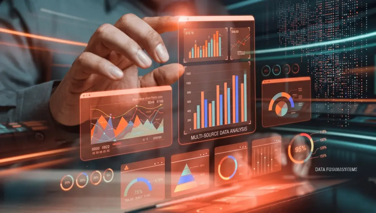 Stock illustration of a hand touching floating charts and dashboards. The numbers and labels in it are decoration, not data.